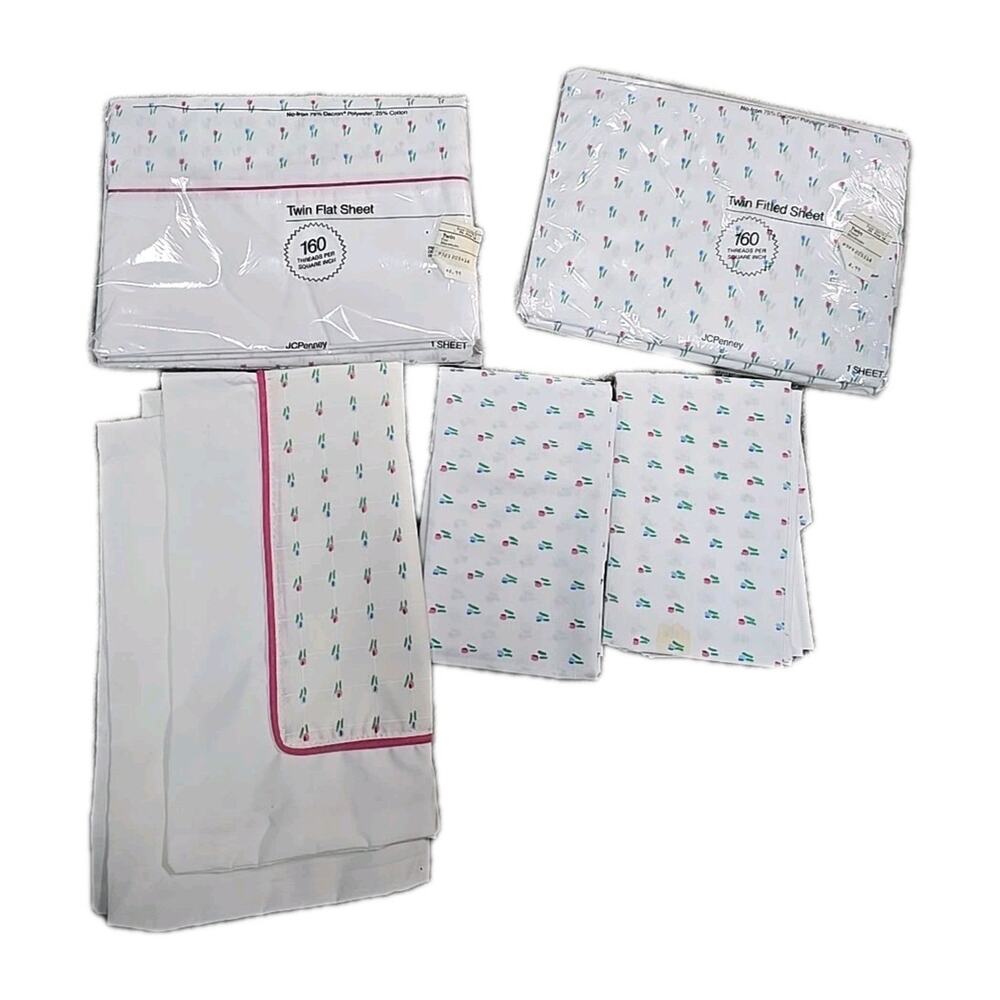 Lot of 5 Vintage JC Penney Stockholm White Tulips No-Iron Twin Flat Sheet Set